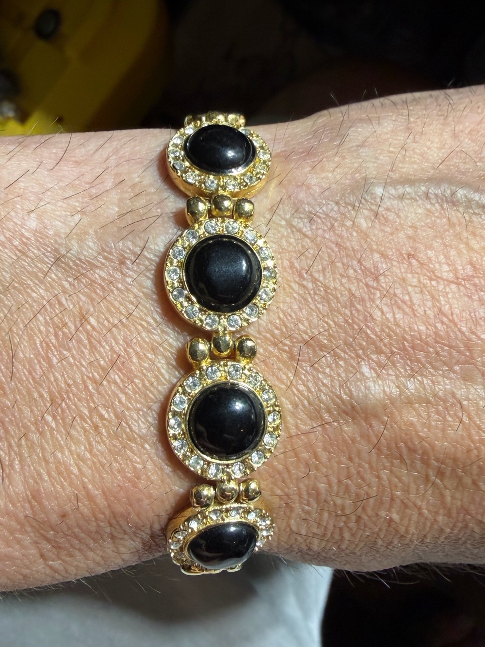 Vintage Gold-Tone Black Cabochon Rhinestone Bracelet 7”